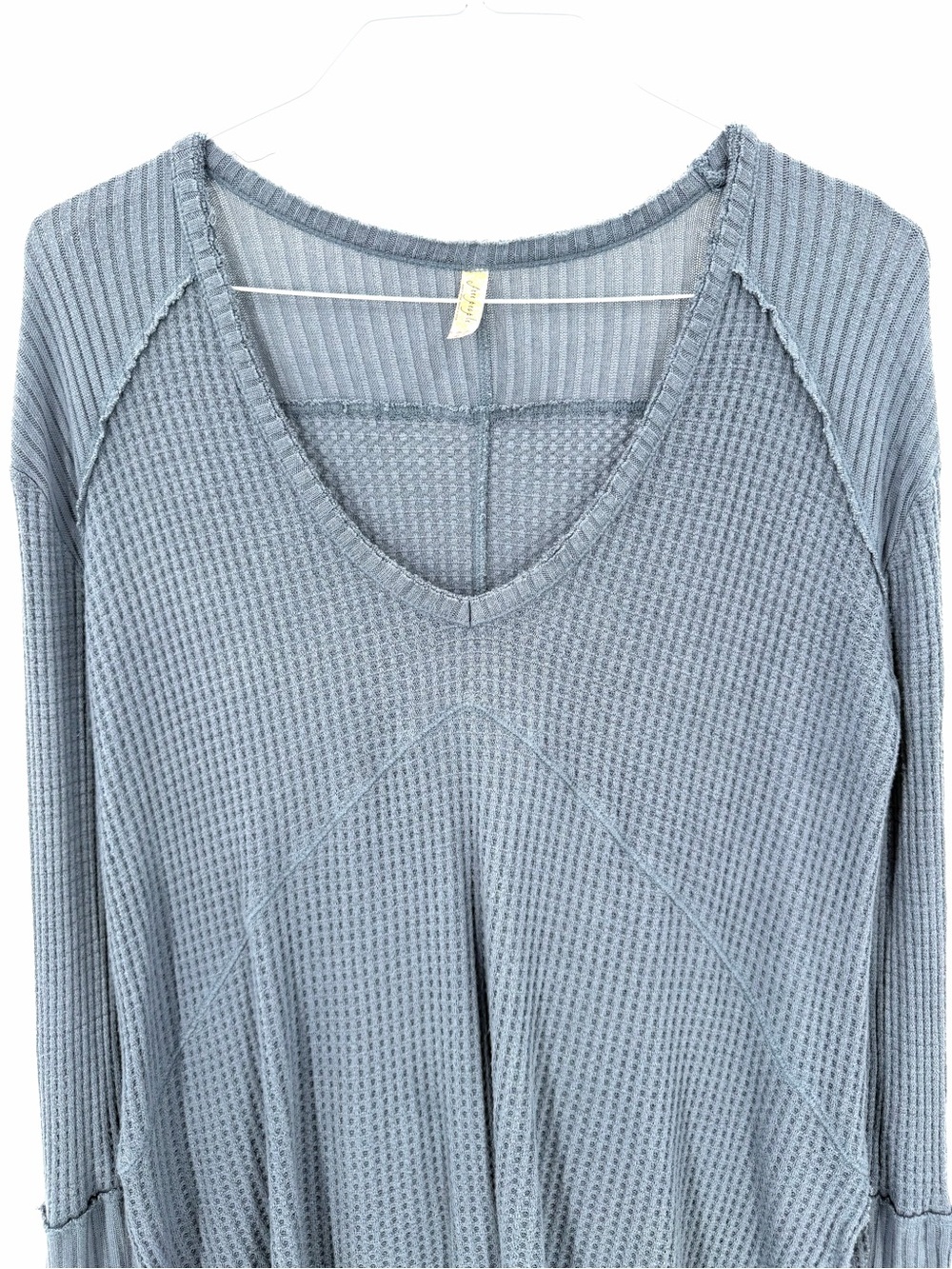 Free People Blue Gray Sunset Park Drippy Thermal Waffle Knit Oversized Shirt Top - Picture 3 of 8